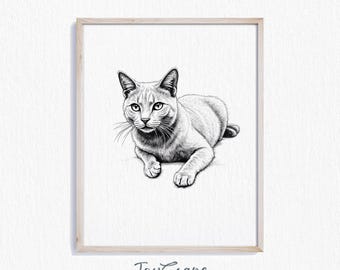 Russian Blue Cat Sketch Printable - Elegant Feline Drawing, Black and White Cat Art, Modern Minimalist Decor, Digital Wall Art