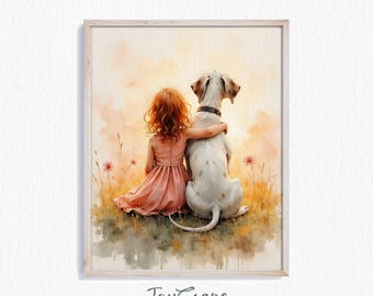 Great Dane and Girl Printable Art - Kids Room Decor, Nursery Wall Art, Girl with Dog, Digital Download, Charming Child's Room Print 734