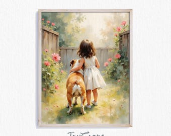 English Bulldog and Girl Illustration - Printable Kids Art, Nursery Decor, Dog Wall Art, Cottage Garden Scene, Digital Download 725