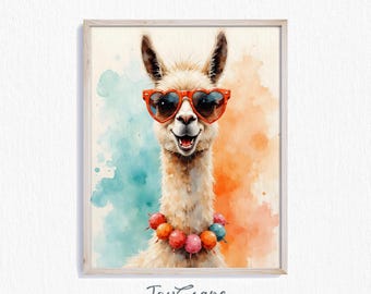 Funny Llama Watercolor Printable Nursery Wall Art - Bright Colorful Animal Decor Digital Download