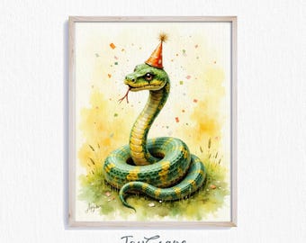 Funny Python Watercolor Print - Printable Wall Art, Cute Snake in Party Hat, Animal Nursery Decor, Kids Room Wall Art, Instant Download 682