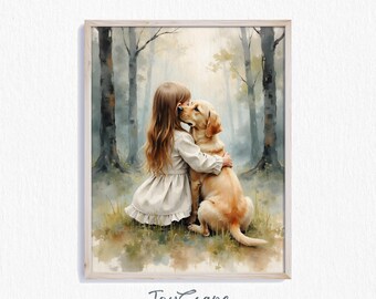 Labrador Retriever with Girl - Nursery Decor, Printable Kids Art, Dog Nursery Wall Decor, Charming Forest Scene, Digital Download 737