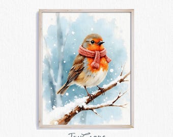 Funny Robin in Winter Scarf - Watercolor Bird Art, Printable Wall Art, Nursery Decor, Cute Winter Animal Print, Instant Download 687