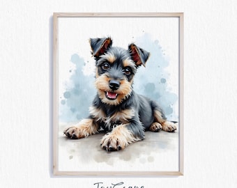 Miniature Schnauzer Puppy Printable Art - Cute Dog Portrait, Adorable Pet Wall Decor, Watercolor Puppy Print, Digital Home Art Download