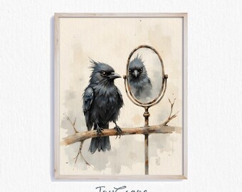 Funny Crow with Mirror - Quirky Watercolor Print, Printable Wall Art, Whimsical Bird Decor, Cottagecore Nursery, Digital Download 624