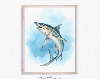 Arte de vida silvestre marina de barracuda: pintura imprimible de vida marina, decoración de pared de peces en acuarela, impresión de arte náutico, decoración costera 201