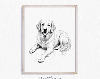 May include: A framed black and white illustration of a Golden Retriever dog lying down. The dog is depicted with detailed shading, showcasing its fur and facial features. The artwork is signed "JoyScape Studio" at the bottom.