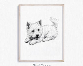 West Highland White Terrier Art - Printable Dog Sketch, Rustic Puppy Wall Decor, Vintage Pet Portrait, Terrier Illustration, Home Decor