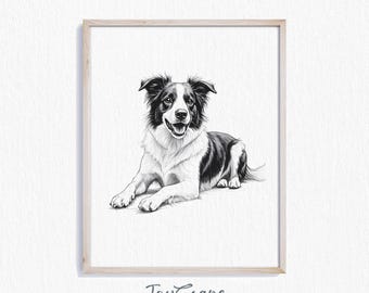 Könnte beinhalten: Schwarz-Weiß-Illustration eines Border Collie-Hundes, der liegt, gerahmt in einem hellen Holzrahmen. Der Hund ist realistisch dargestellt, mit detailliertem Fell und Gesichtszügen. Der Text "JoyScape Studio" befindet sich unten.