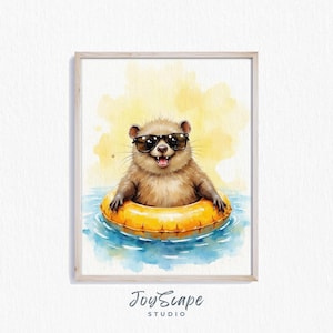 Funny Mole in Sunglasses Watercolor Print - Printable Wall Art, Cute Summer Animal Decor, Kids Room Art, Instant Digital Download 662
