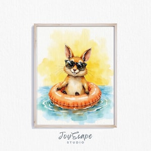 Lustiger Hase mit Sonnenbrille Aquarell Print, Sommer Pool Art, druckbare Wanddekoration für Kinderzimmer oder Kinderzimmer, Instant Download 646
