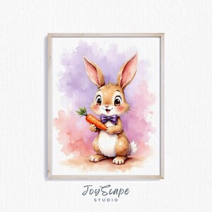 Funny Rabbit Watercolor Print - Playful Bunny with Carrot, Printable Wall Art, Nursery Decor, Animal Kids Room Art, Instant Download 570