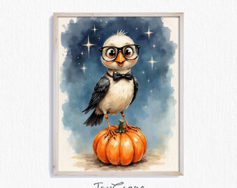 Bird Halloween Printable Art - Cute Bird with Glasses on Pumpkin, Spooky Night Sky, Festive Fall Wall Decor, Digital Download Print 750