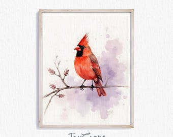 Cardinal Printable Art - Watercolor Bird on Branch, Nursery Wall Decor, Rustic Nature Painting, Winter Woodland Scene, Digital Print 254