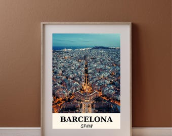 Stampa digitale di Barcellona Cityscape / Download di arte murale con skyline urbano / Decorazione moderna con poster di viaggio europeo