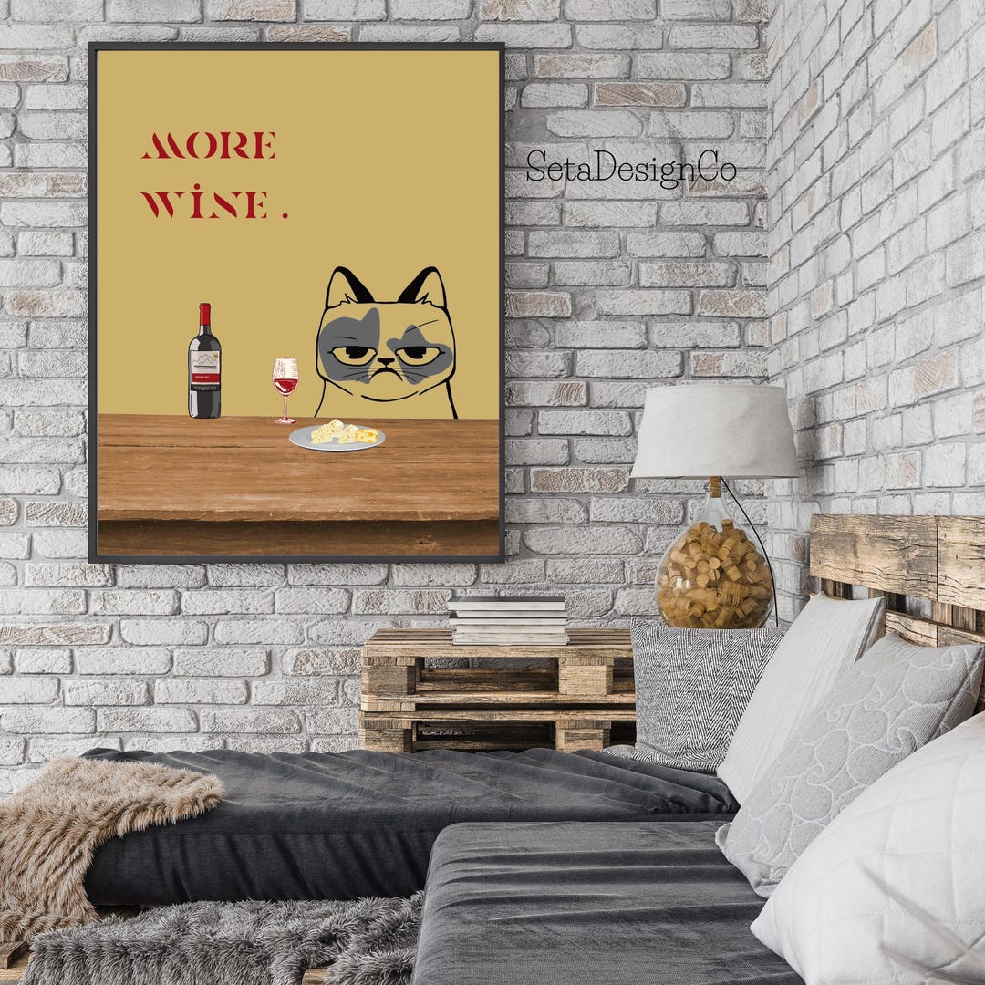 Funny Wine Cat Poster – Grumpy Cat Wall Art, Digital Download, Quirky ...