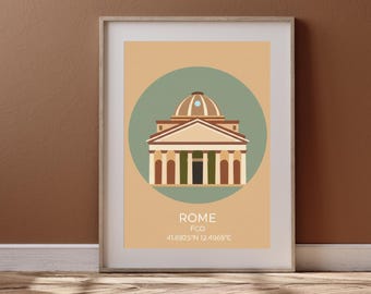 Stampa del Pantheon di Roma, arte murale italiana, poster di viaggio minimalista, decorazione con coordinate della città, download digitale