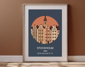 Stampa di architettura della città vecchia di Stoccolma, arte murale scandinava nordica, poster di viaggio in Svezia, download digitale, arredamento per la casa