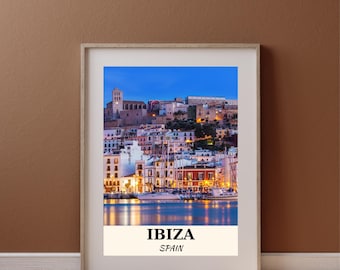 Stampa digitale di paesaggi urbani di Ibiza, arte murale spagnola, poster da scaricare, arredamento urbano, fotografia dell'Europa mediterranea