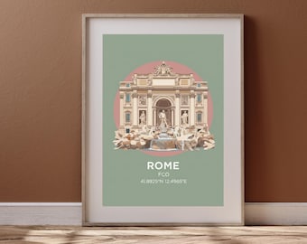Stampa della Fontana di Trevi a Roma, poster di viaggio in Italia, download digitale di immagini murali minimaliste con coordinate della città