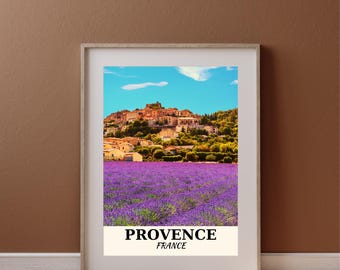 Download digitale di stampe murali con campo di lavanda provenzale, stampa di paesaggi di campagna francese, poster per arredamento rustico