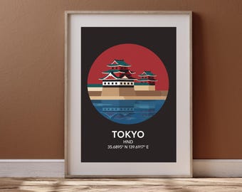 Stampa del Palazzo Imperiale di Tokyo, arte murale del Castello di Edo, poster minimalista di viaggio in Giappone, download digitale delle coordinate della città