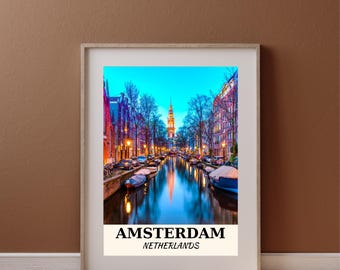Poster di viaggio di Amsterdam da scaricare in formato digitale - Decorazione murale stampabile della città, regalo di compleanno per matrimonio