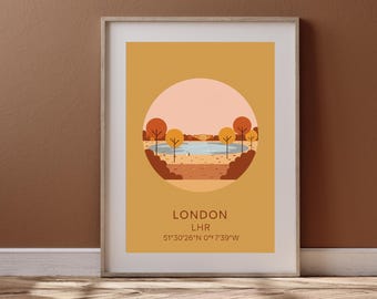 Stampa del lago Serpentine di Hyde Park a Londra, poster di viaggio minimalista dell'Inghilterra, download digitale di immagini murali con coordinate della città