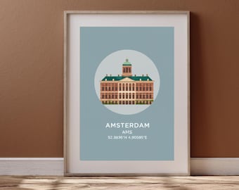 Stampa artistica da parete del Palazzo Reale di Amsterdam, poster di viaggio dei Paesi Bassi, coordinate della città, download digitale, decorazione