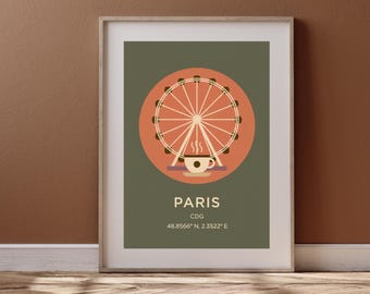 Poster da viaggio minimalista con stampa di caffè sulla ruota panoramica di Parigi, download digitale, decorazione da parete