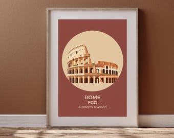 Stampa del Colosseo di Roma, Italia, arte murale minimalista, poster da viaggio, coordinate della città, download digitale