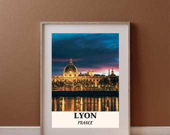 Arte murale stampabile di Lione, Francia, poster con skyline della città francese, illustrazione di viaggio digitale, decorazione con download istantaneo