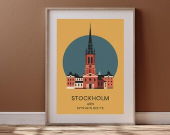 Poster di viaggio della chiesa di Riddarholmen a Stoccolma, stampa digitale da parete in giallo senape e verde acqua della Svezia