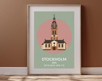 Stampa della chiesa di Stoccolma, poster di viaggio in Svezia, architettura minimalista, download digitale, arte murale, decorazione della città europea scandinava