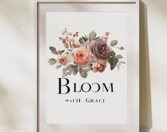 Arte murale con citazioni ispiratrici / Stampa Bloom With Grace / Poster moderno con acquerello floreale / Arredamento minimalista per la casa