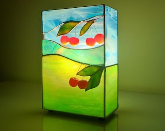 Stained Glass Table Lamp Cherries: Handmade artglass home decor