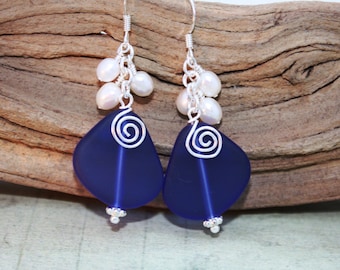 Cobalt Blue Sea Glass Earrings, Seaglass Earrings, Sea Glass Jewelry, Wedding Earrings, Bridal Earrings Bridesmaid Earrings Seaglass Jewelry