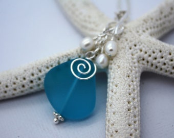 Blue Sea Glass Necklace, Seaglass Necklace, Sea Glass Jewelry, Wedding Necklace, Bridal Necklace, Bridesmaid Beach Jewelry, Seaglass Jewelry