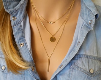 Monogram Gold Layering Necklace Skinny Bar Necklace Layered | Etsy