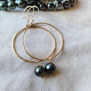 Tahitian Pearl Earrings • Black Pearl Earrings • Pearl Hoop Earrings • Bridal Jewelry • Bridal Earrings • Wedding Jewelry • Bridesmaid Gift