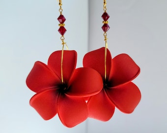 Red Plumeria Earrings, Red Flower Earrings, Flower Jewelry, Statement Earrings, Bridal Earrings, Wedding Earrings, Plumeria Jewelry