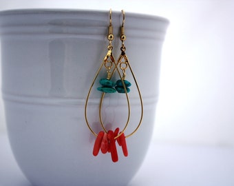 Turquoise Earrings, Coral Earrings, Beach Jewelry, Hawaiian Jewelry Hawaii Jewelry Nautical Jewelry Ocean Jewelry Turquoise Dangle Earrings