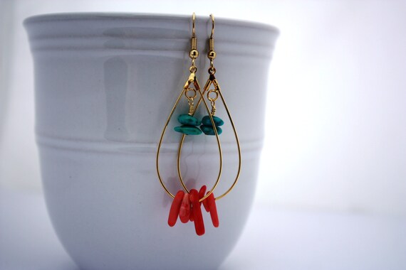 Turquoise Earrings, Coral Earrings, Beach Jewelry, Hawaiian Jewelry Hawaii Jewelry Nautical Jewelry Ocean Jewelry Turquoise Dangle Earrings