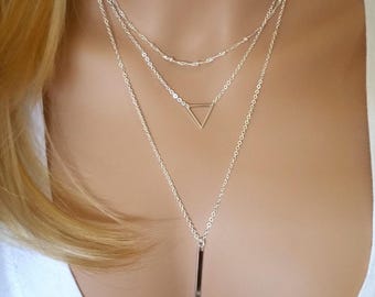 Silver Triangle Necklace, Layered Necklace Set, Bar Necklace, Layering Necklace, Minimalist Necklace, Everyday Necklace, Simple Necklace