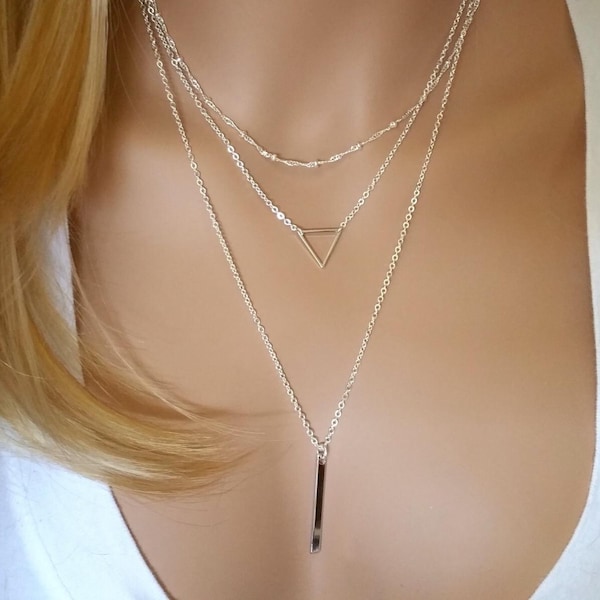 Silver Triangle Necklace, Layered Necklace Set, Bar Necklace, Layering Necklace, Minimalist Necklace, Everyday Necklace, Simple Necklace