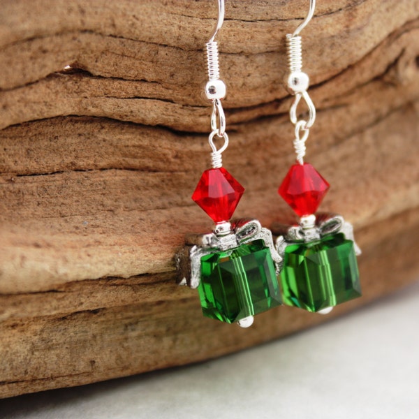 Christmas Earrings Christmas Jewelry Holiday Earrings Holiday Jewelry Festive Jewelry Festive Earrings Crystal Dangle Ribbon Earrings 005