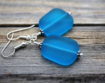 Blue Sea Glass Earrings, Sea Glass Jewelry, Hawaiian Jewelry, Bridal Earrings, Sea Glass Earrings, Beach Wedding, Mom Gift, Summer Earrings