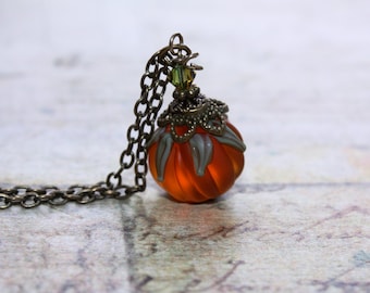 Pumpkin Pendant - Pumpkin Necklace - Halloween Pendant - Halloween Necklace - Lampwork Pumpkin - Pumpkin Bead - Jack o Lantern Necklace