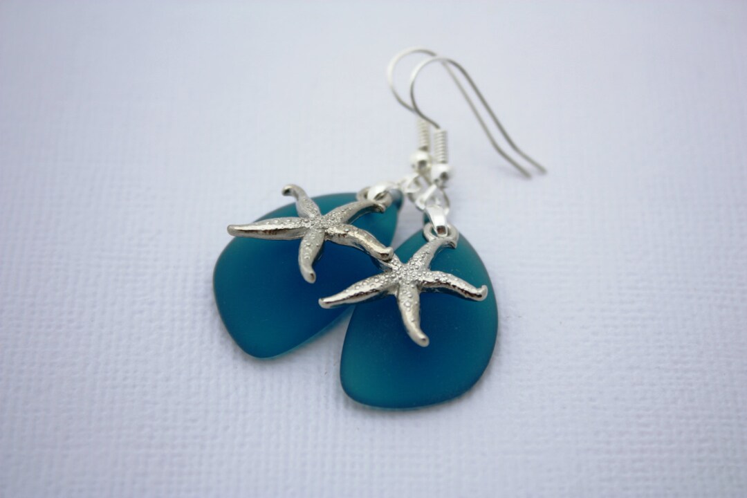 Teal Sea Glass Earrings, Star Fish Starfish Earrings, Seaglass Earrings, Starfish Jewelry, Sea ...