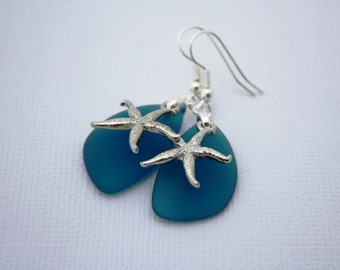 Teal Sea Glass Earrings, Star Fish Starfish Earrings, Seaglass Earrings, Starfish Jewelry, Sea Glass Jewelry Beach Jewelry, Seaglass Jewelry